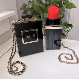 NWT-Black & Gold Paris Perfume & Lipstick Shaped Shoulder Bag Evening Bag Clutch